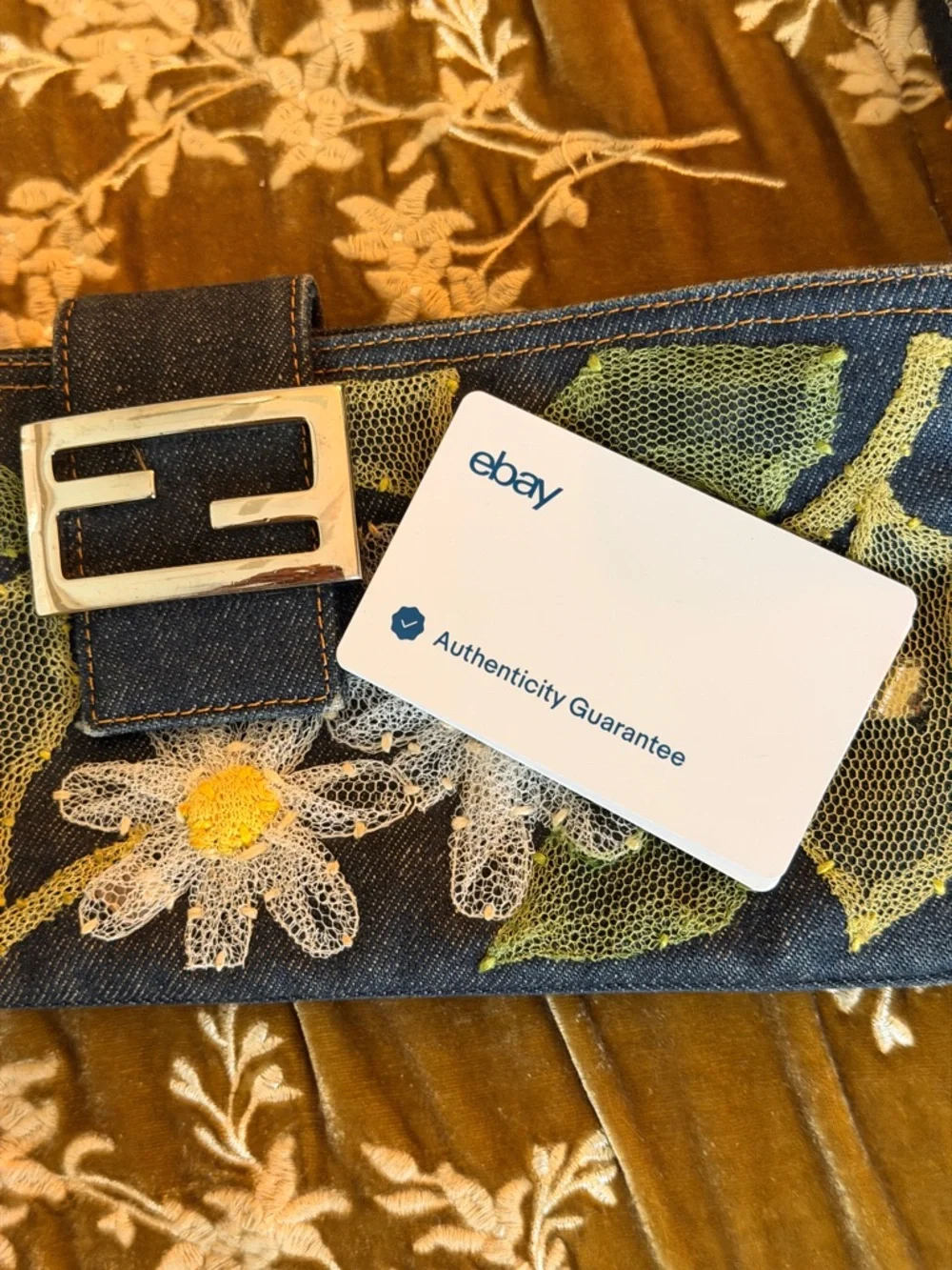 Fendi Baguette AUTHENTIC Vintage Denim Floral Daisy Appliqué - Picture 10 of 11